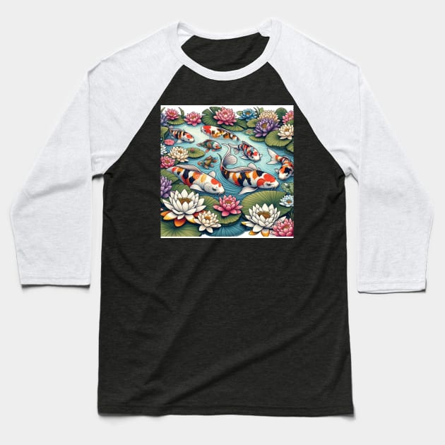 Koi Pond Baseball T-Shirt by mieeewoArt